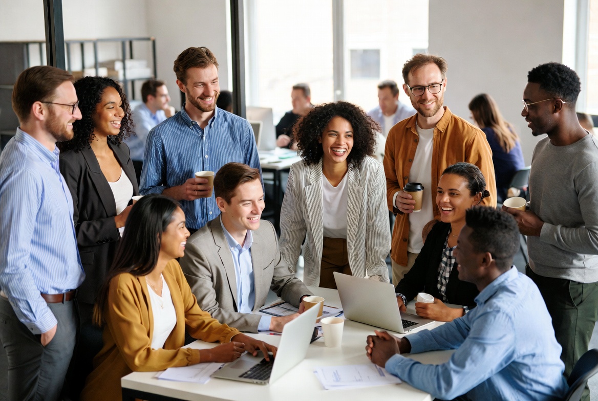 A group of coworkers gathered around a table, smiling and collaborating